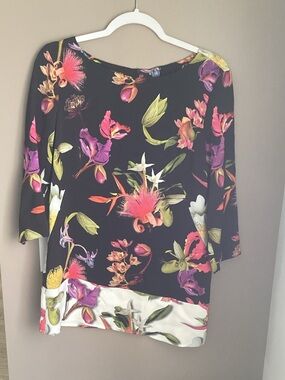 Escada Black Floral Boatneck Tunic with Pink, Purple and Green Blooms